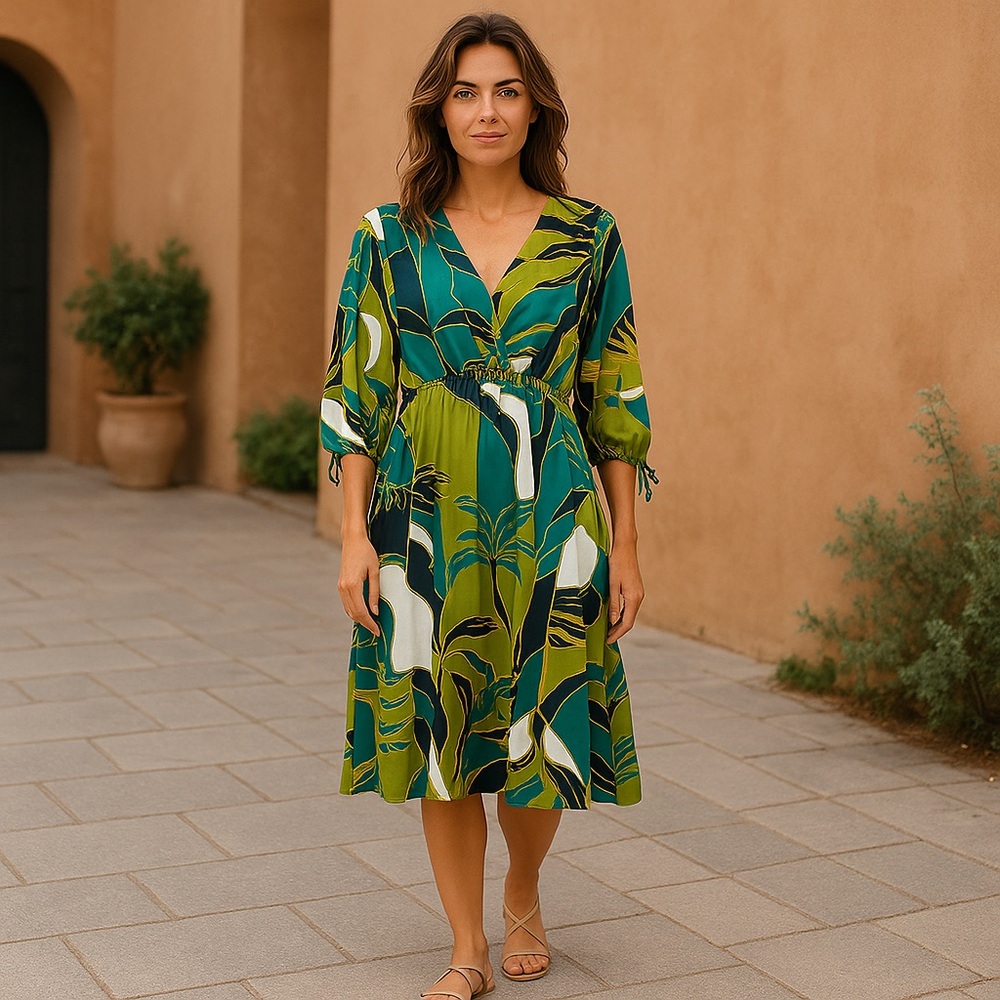 Elie Tahari Green and Yellow Leaf Print Dress size medium